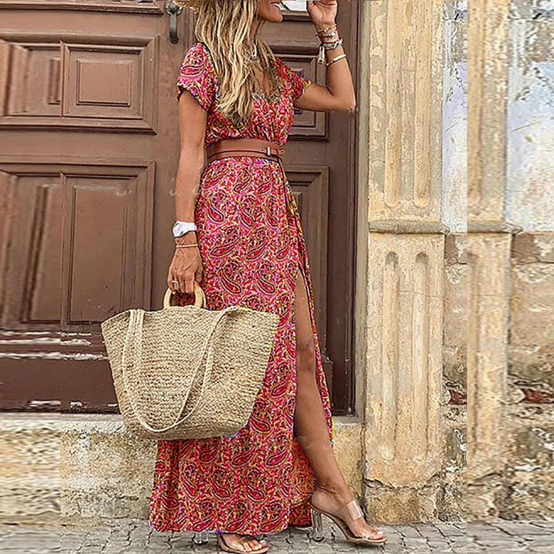 Stylish women's flowy maxi dress, a perfect boho summer outfit. Features short sleeves & elegant design.