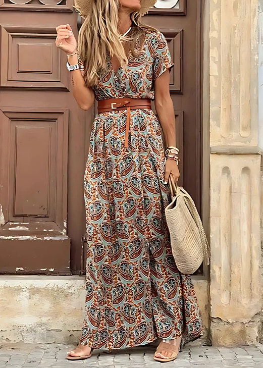 Bohemian maxi dress for women, light & airy. Adjustable waist & matching belt for a flattering fit.