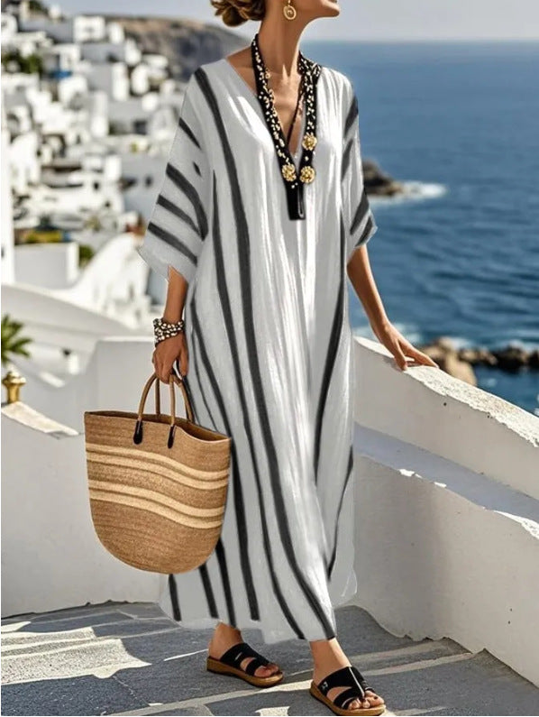 Elegant women's kaftan maxi dress for beachwear or resort, embodying effortless Mediterranean style. Comfortable.
