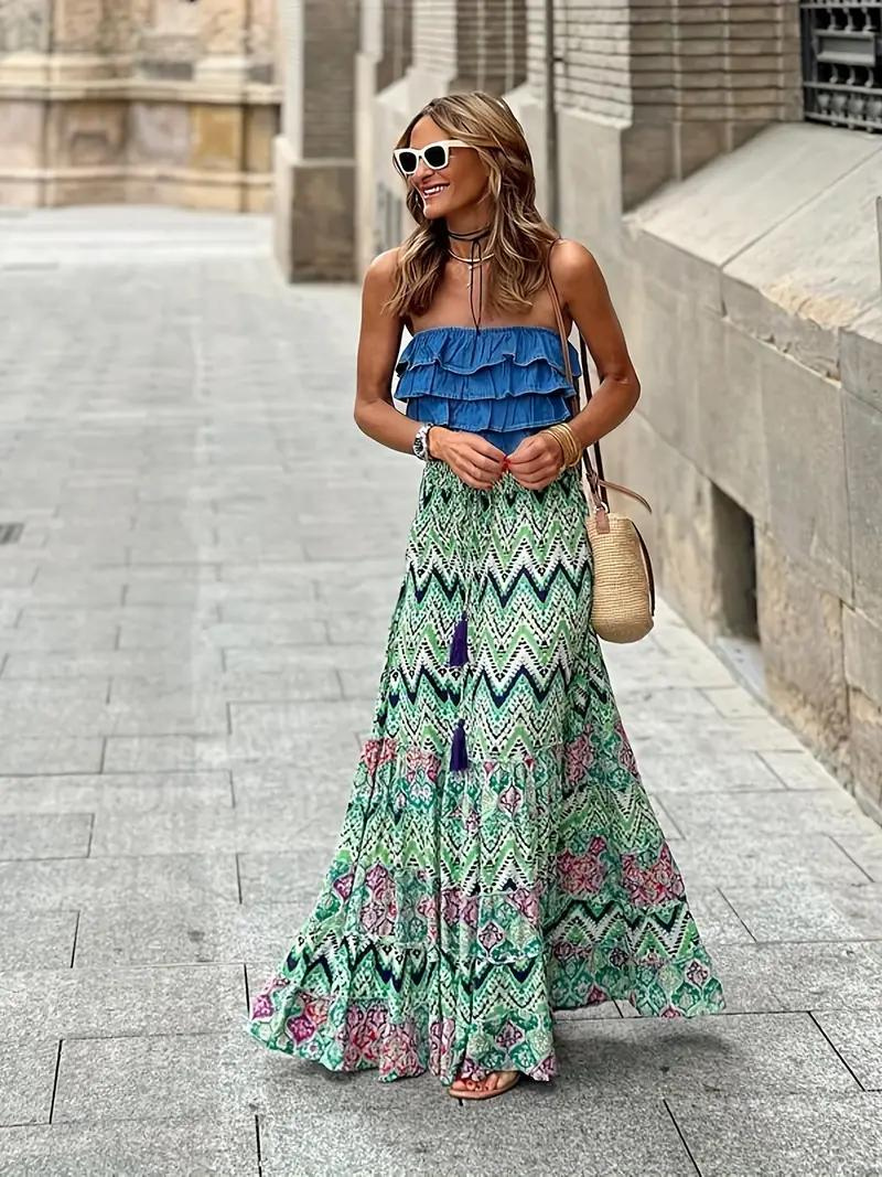 Women's flowing tiered maxi skirt, perfect for boho summer fashion & chic casual wear.