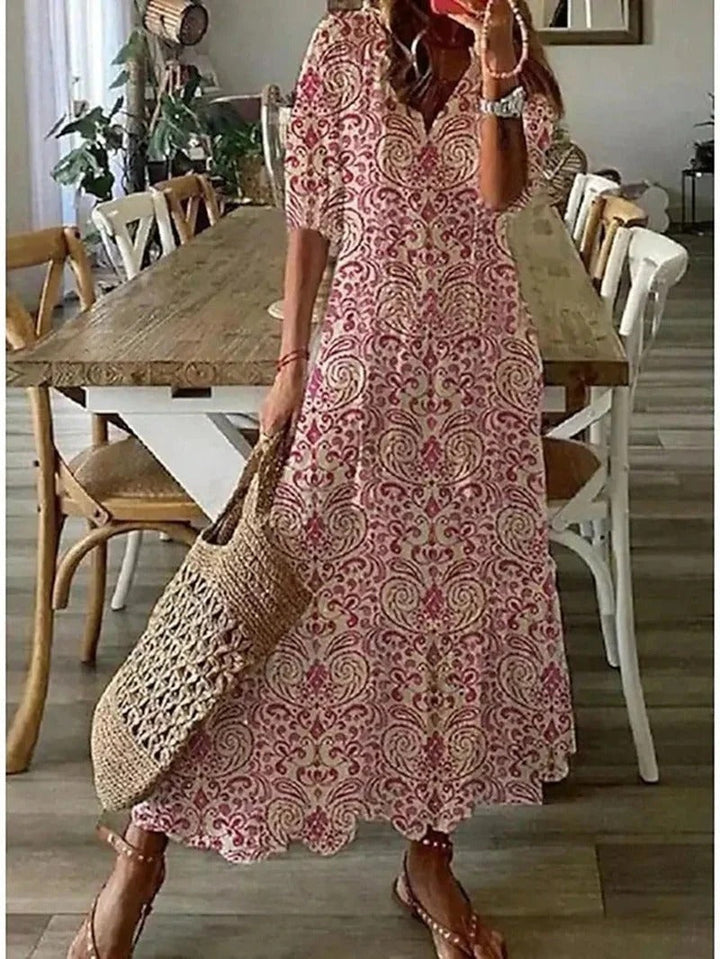 Comfortable women's flowing bohemian dress, long summer style, delicate leaf & stripe print design.