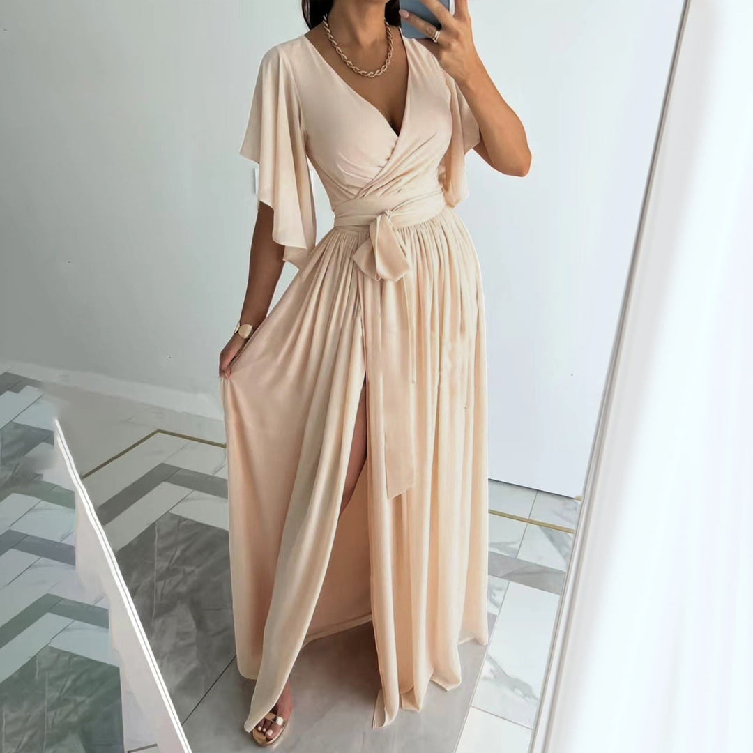 Women's flutter sleeve wrap maxi bridesmaid dress, elegant & formal for weddings.