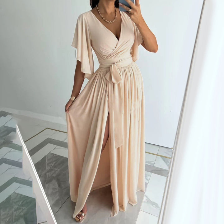 Women's flutter sleeve wrap maxi bridesmaid dress, elegant & formal for weddings.