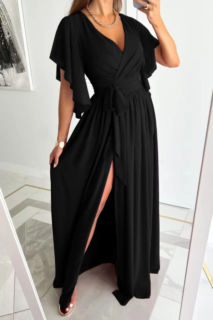 Flowy women's v-neck flutter sleeve wrap maxi dress, ideal for bridesmaids & formal events.