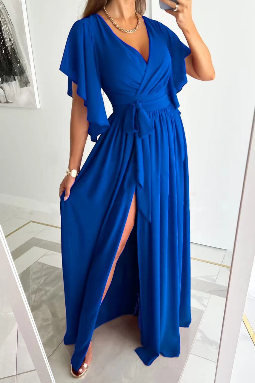 Formal women's flutter sleeve wrap maxi bridesmaid dress, stunning for special occasions & parties.