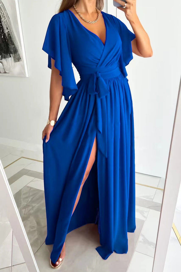 Formal women's flutter sleeve wrap maxi bridesmaid dress, stunning for special occasions & parties.