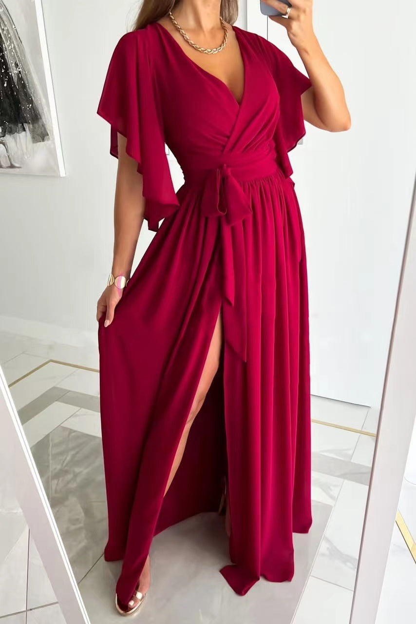 Sophisticated women's flutter sleeve wrap maxi dress, a chic choice for bridesmaids & evening events.