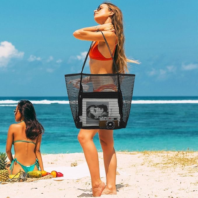 Women's foldable mesh beach tote bag with inner pocket, perfect for summer travel, swim, and shopping.