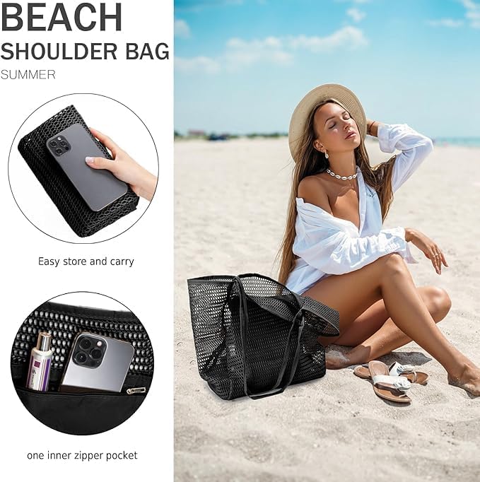 Quick-dry mesh beach tote bag for women, foldable & spacious for wet swimsuits and beach toys.