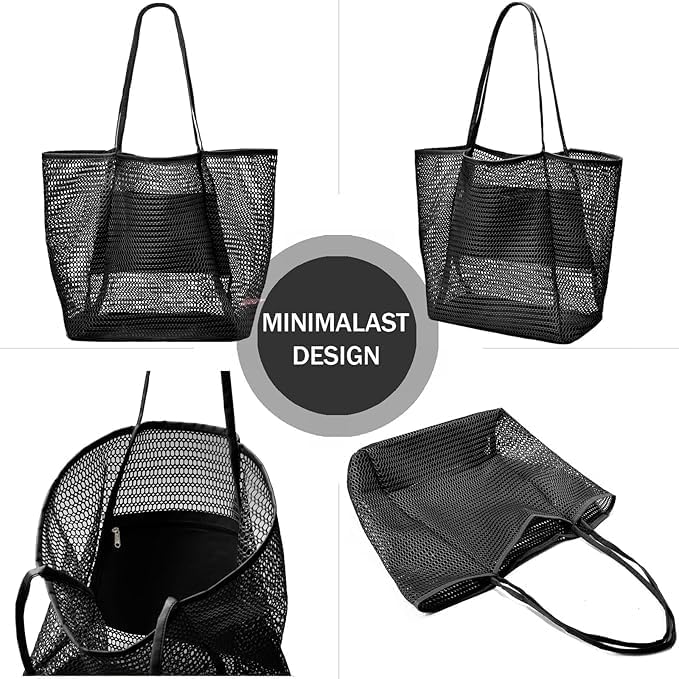 Compact foldable mesh beach tote for women with convenient inner pocket, easy to pack for summer trips.