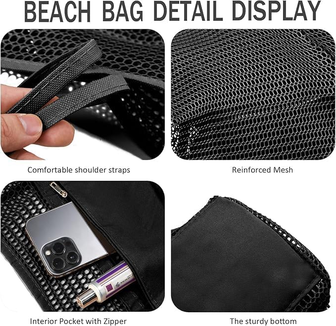Stylish women's mesh tote bag, foldable for easy storage, perfect for summer days by the pool or ocean.