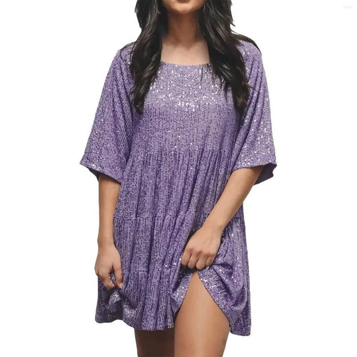 Stylish women's A-line dress with shimmering sequins, versatile for festive evenings & parties.