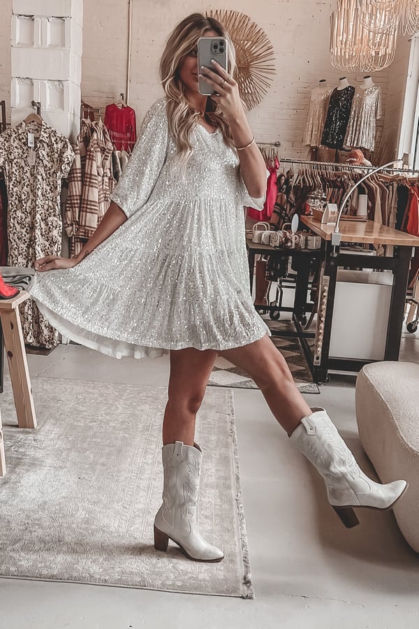Dazzling women's ShimmerFlow sequin A-line party dress, offering a glamorous and elegant look.