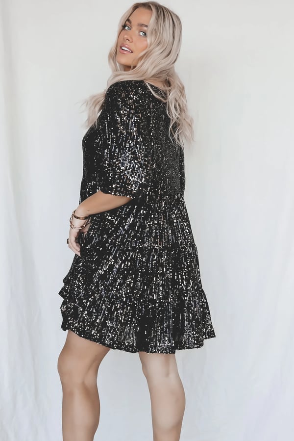Elegant women's ShimmerFlow sequin A-line dress, perfect for evening parties & special occasions.