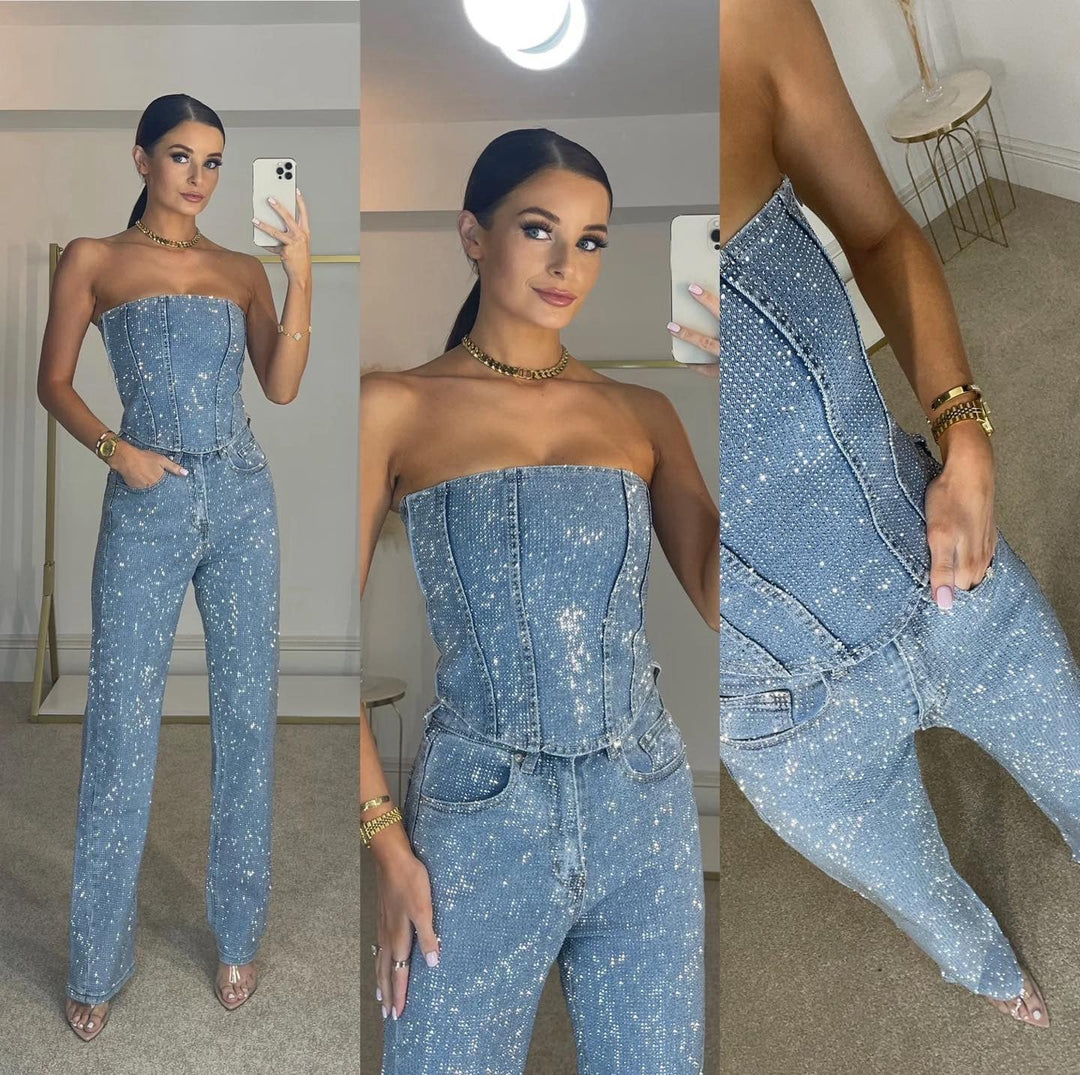 High-waist jeans women's glitter set, a glamorous two-piece for evening wear.