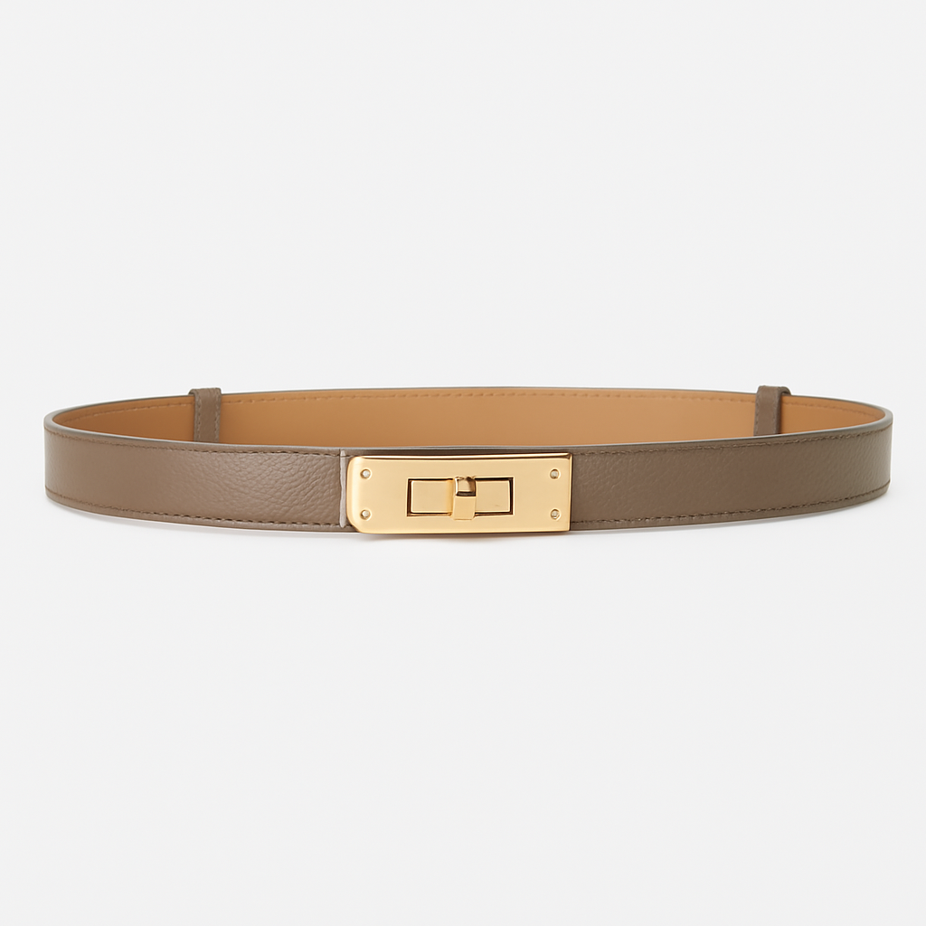 Women's gold waist belt with unique twist closure, a stylish fashion accessory.