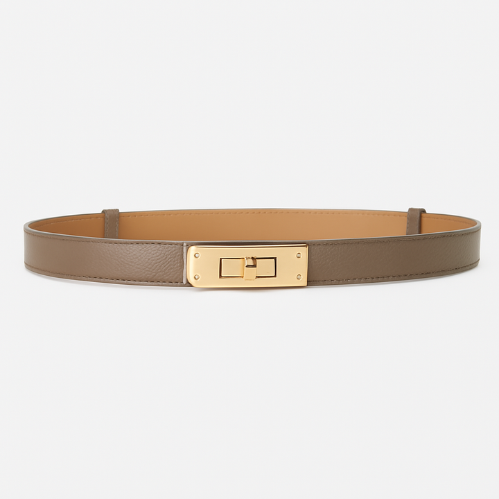 Women's gold waist belt with unique twist closure, a stylish fashion accessory.