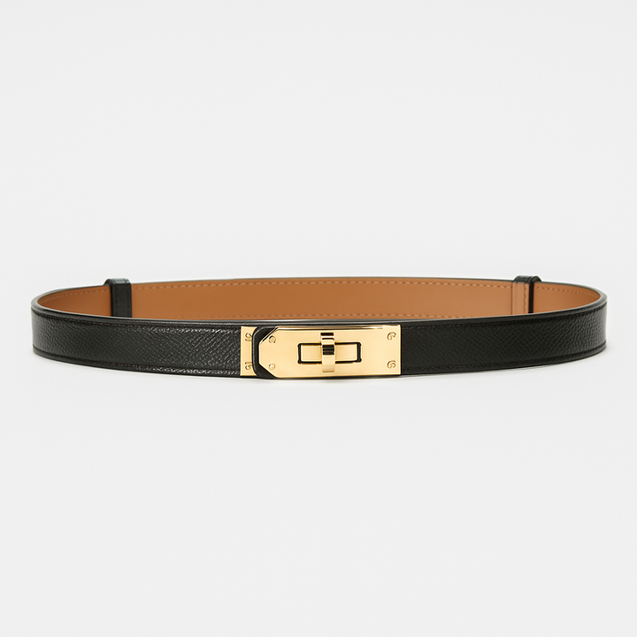 Versatile women's gold waist belt featuring a modern twist closure for dresses & tops.