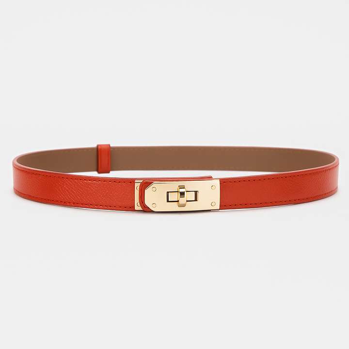 Close-up of a women's gold twist closure waist belt, highlighting its sleek metallic design.