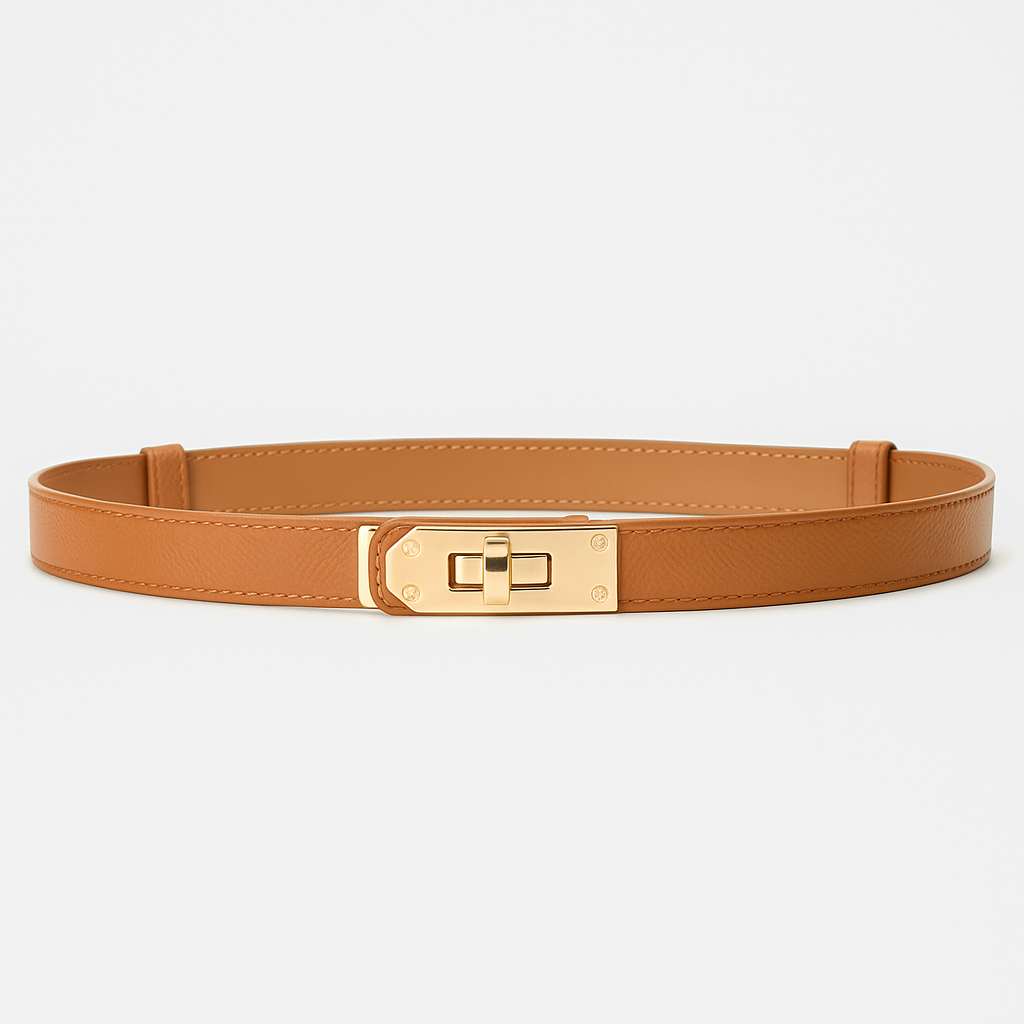 Stylish women's gold waist belt with a distinctive twist clasp, a must-have fashion accessory.