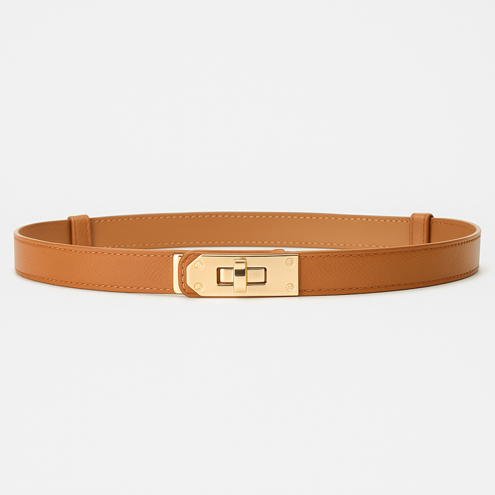 Stylish women's gold waist belt with a distinctive twist clasp, a must-have fashion accessory.