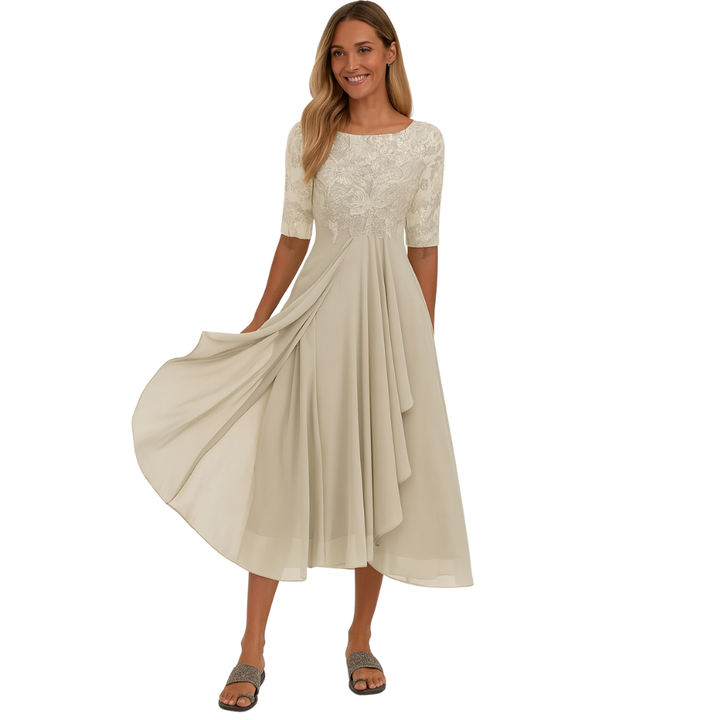 Sophisticated women's evening midi dress. Perfect party dress or formal wear with a graceful, flowing silhouette.