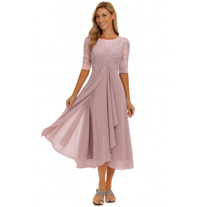 Elegant women's midi dress with a flattering A-line, regular fit. Ideal graceful evening gown for special occasions.