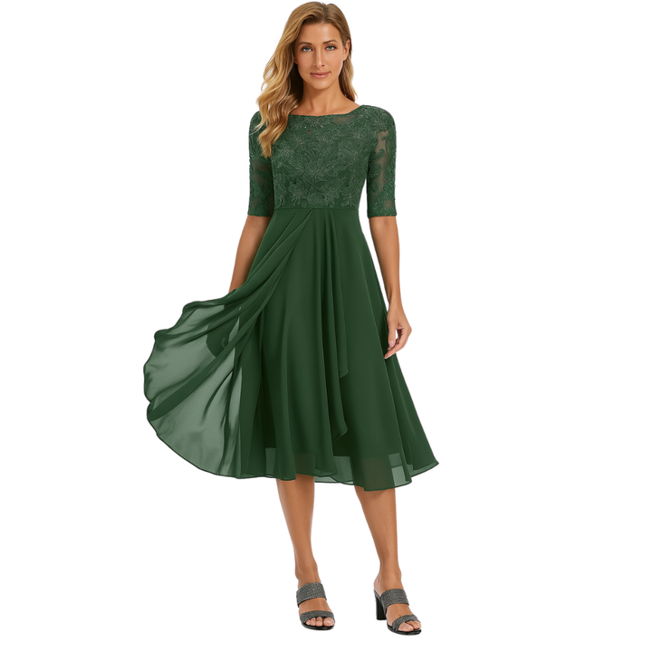 Flowing women's graceful midi dress, perfect elegant formal wear for parties or any special evening occasion.
