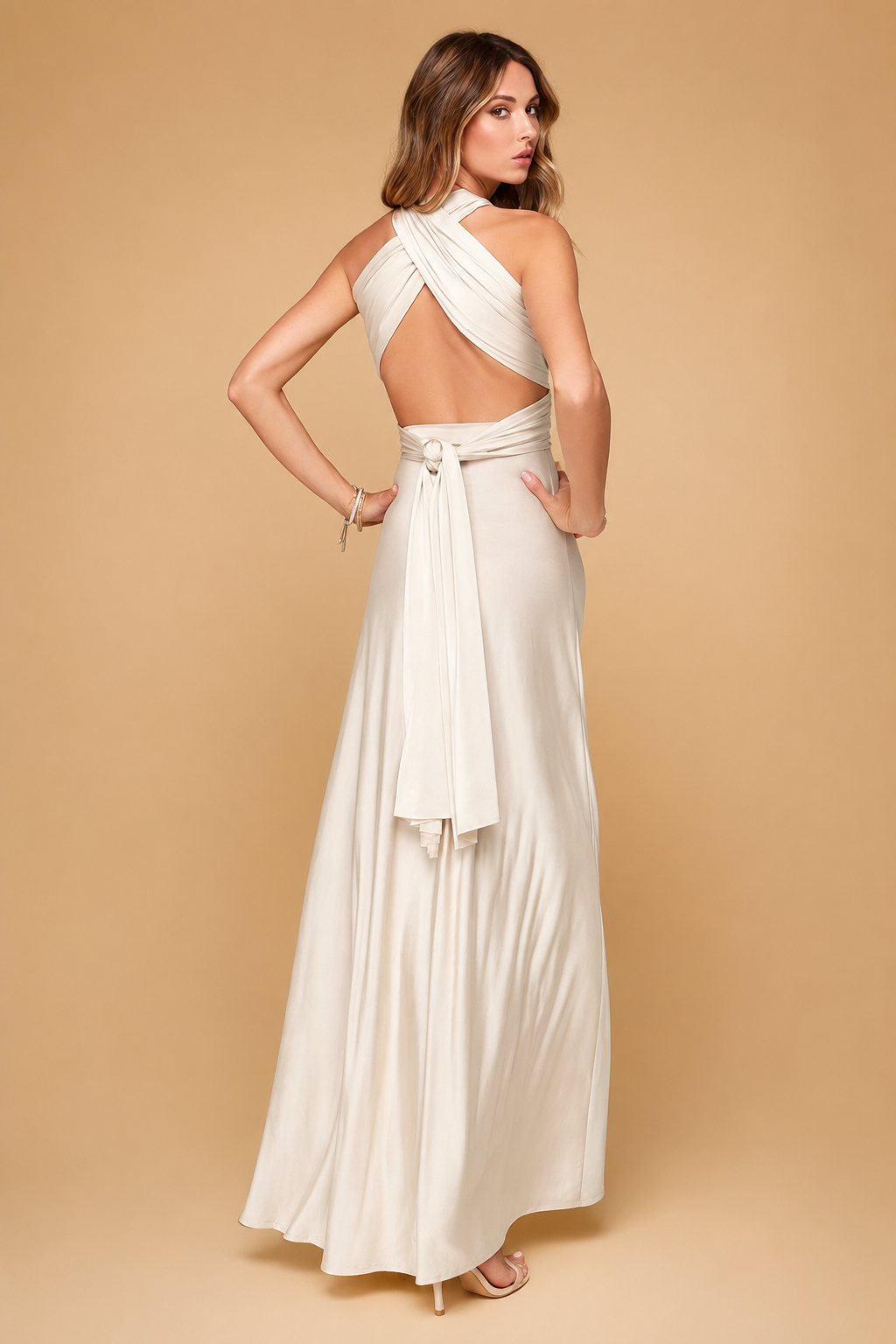 Versatile Harlee convertible dress showcasing multiple elegant styling options for any special event.