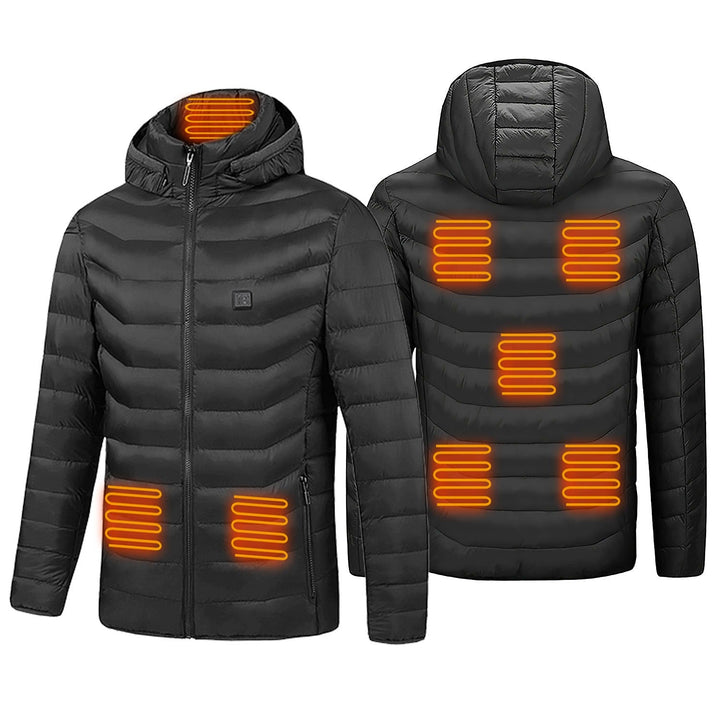 Women's heated puffer jacket with hood for ultimate winter warmth. Electric heating for cold weather outdoor activities.
