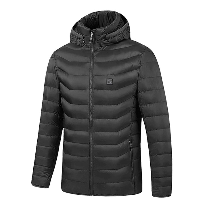 Zip-up women's heated jacket for cold weather. Hooded puffer coat offers electric warmth & comfort in winter.