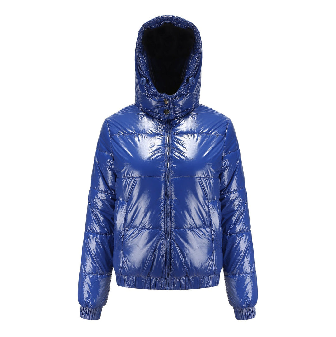 Women's high-gloss hooded puffer jacket for ultimate winter warmth & modern style.