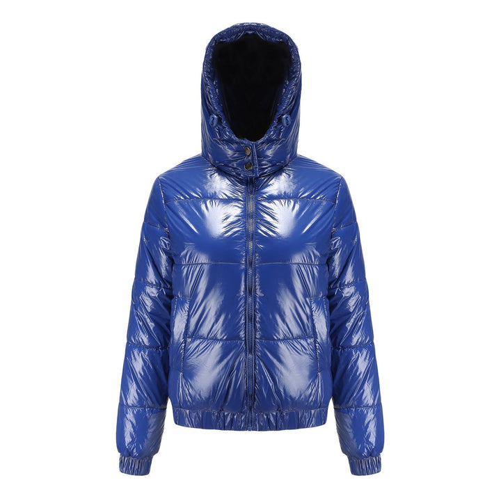 Women's high-gloss hooded puffer jacket for ultimate winter warmth & modern style.