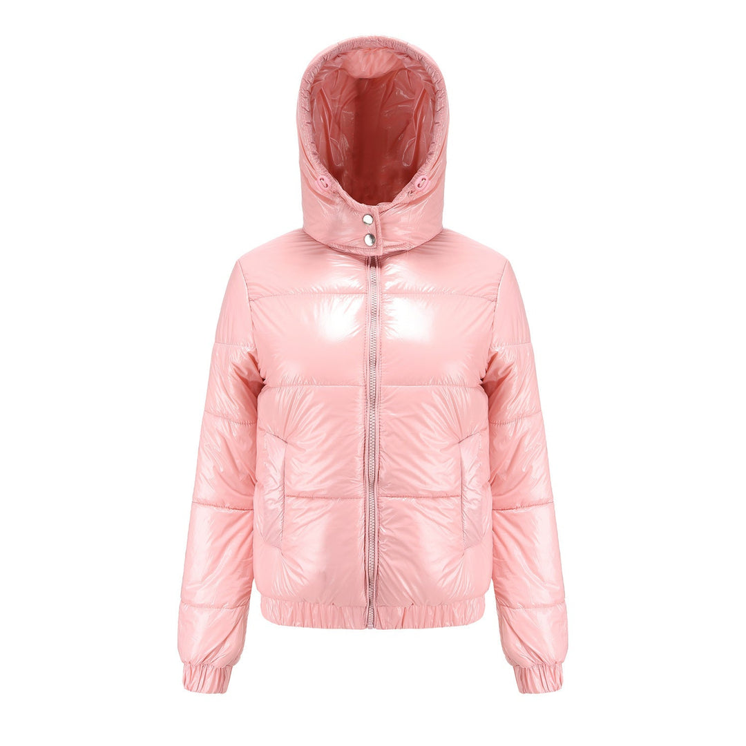 Luxe high-gloss women's hooded puffer jacket, premium outerwear for winter style & warmth.