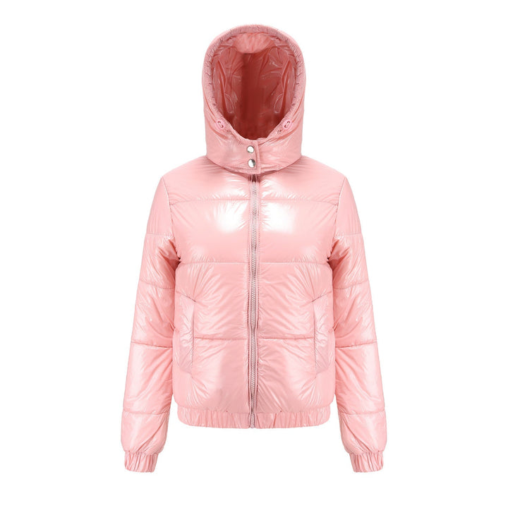 Luxe high-gloss women's hooded puffer jacket, premium outerwear for winter style & warmth.