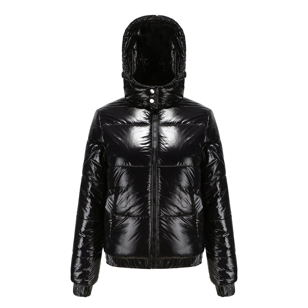 Versatile women's high-gloss puffer jacket with hood, great for casual & chic winter looks.
