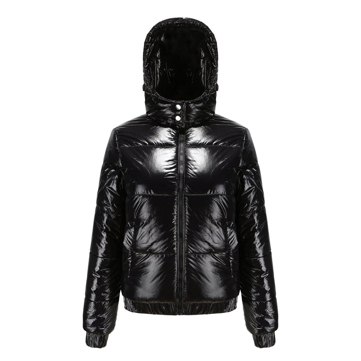 Versatile women's high-gloss puffer jacket with hood, great for casual & chic winter looks.