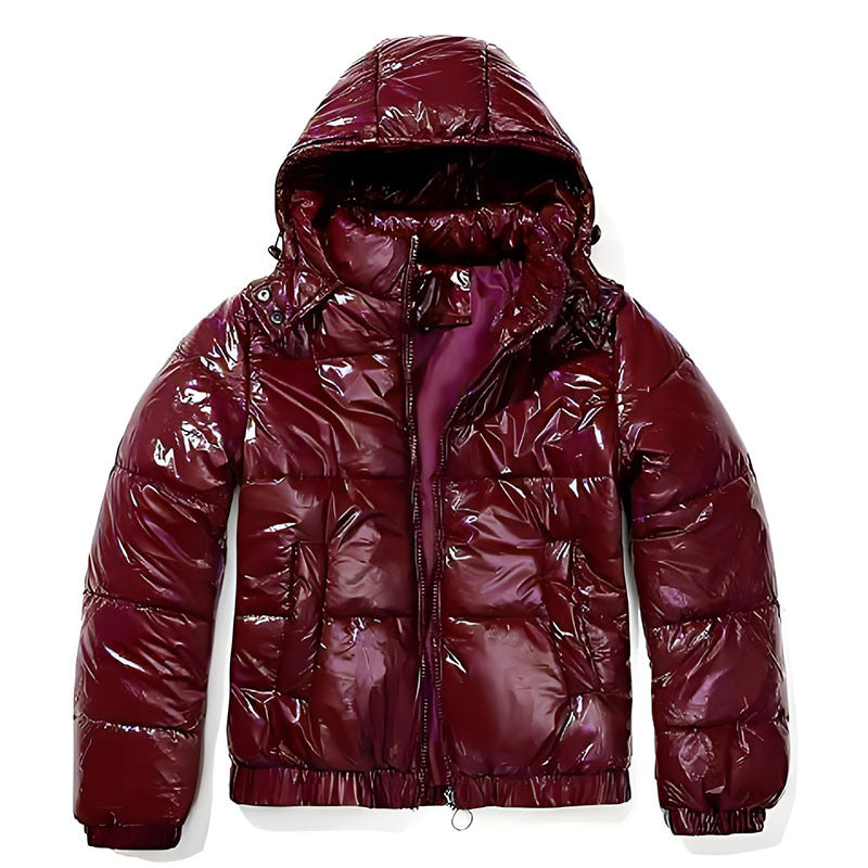 Fashionable women's hooded high-gloss puffer jacket, designed for cold winter weather.