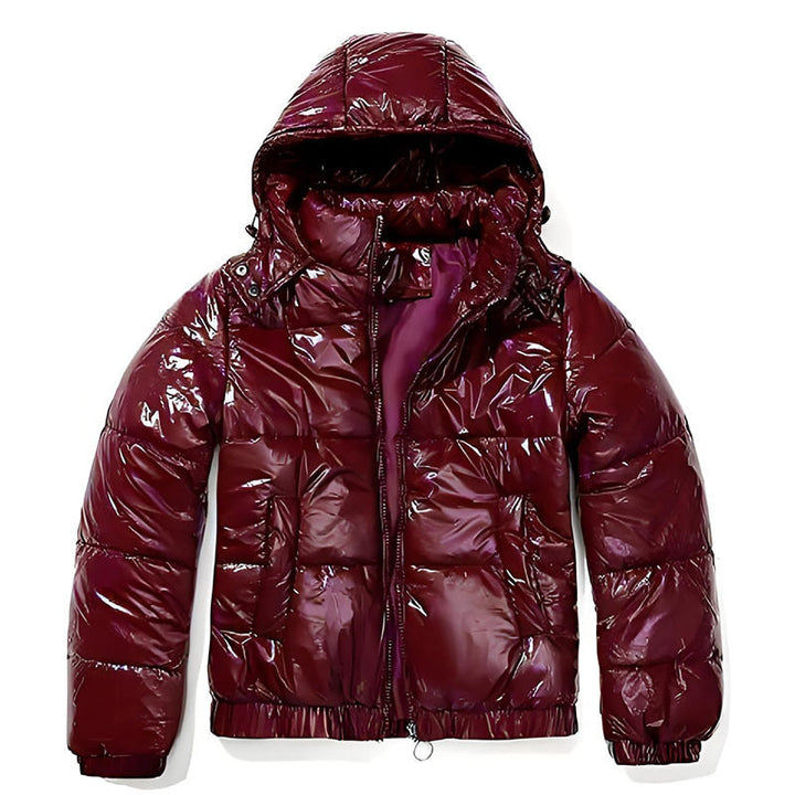 Fashionable women's hooded high-gloss puffer jacket, designed for cold winter weather.
