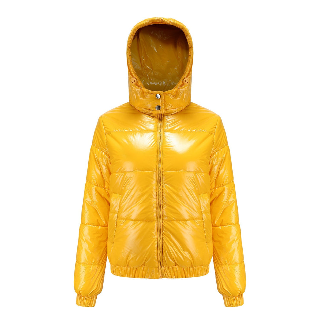 Woman wearing a stylish high-gloss hooded puffer jacket, perfect for cold weather outings.