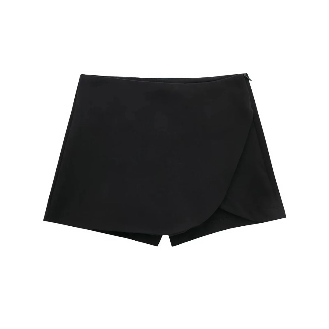 Modern women's mini skirt featuring an asymmetric hem and high waist design.