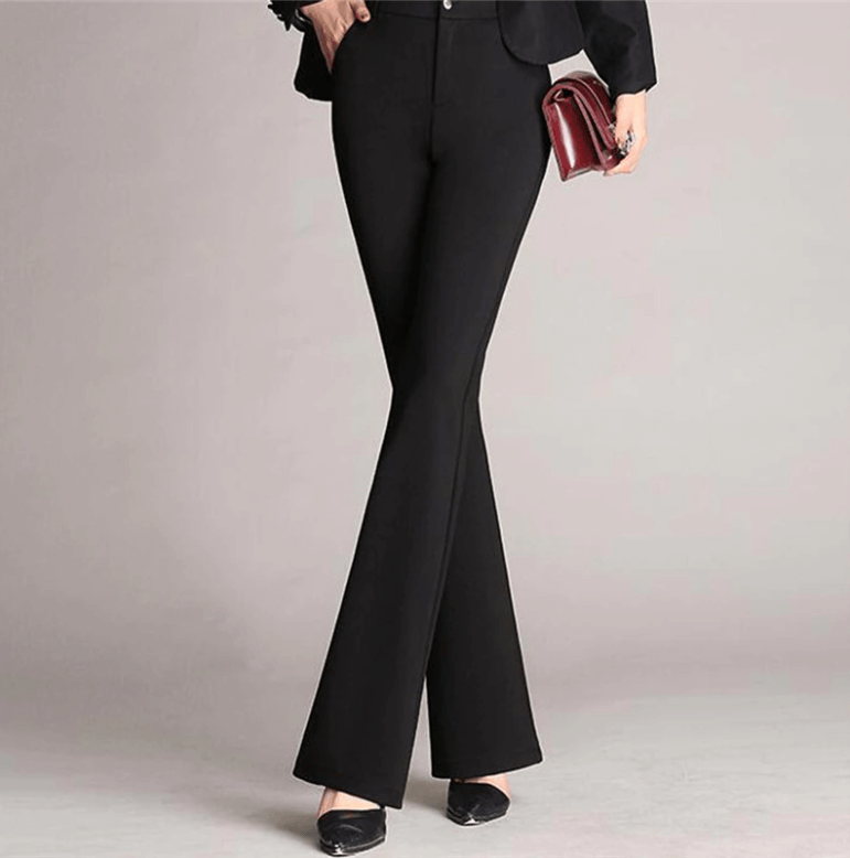 Women's high-waist flared work pants, ideal for a professional and elegant office style. Tailored trousers.