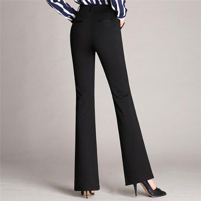 Stylish women's high-waist flared work pants, perfect for a polished professional office look. Versatile trousers.