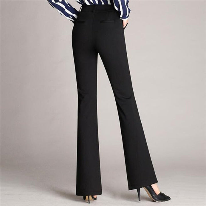 Stylish women's high-waist flared work pants, perfect for a polished professional office look. Versatile trousers.