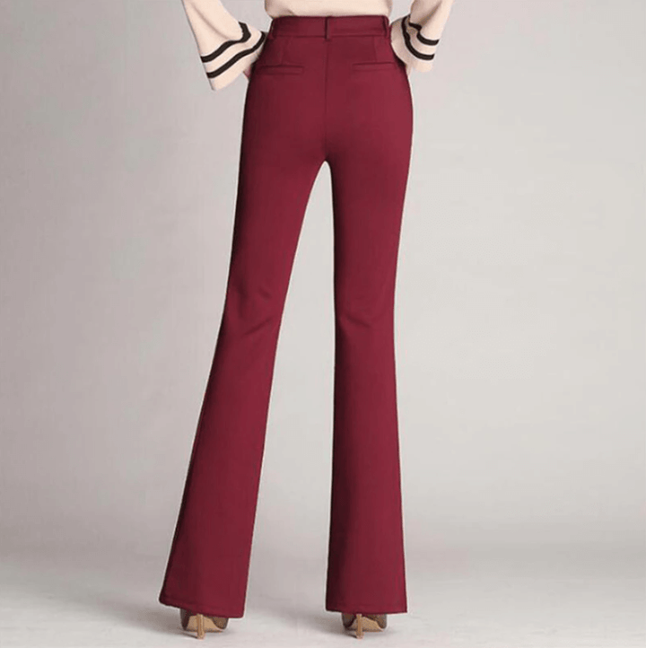Elegant women's high-waist flared work pants, designed for comfort and professional office fashion.
