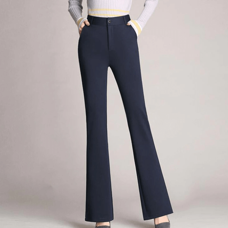 Professional women's high-waist flared work pants, a key piece for a modern and chic office wardrobe.