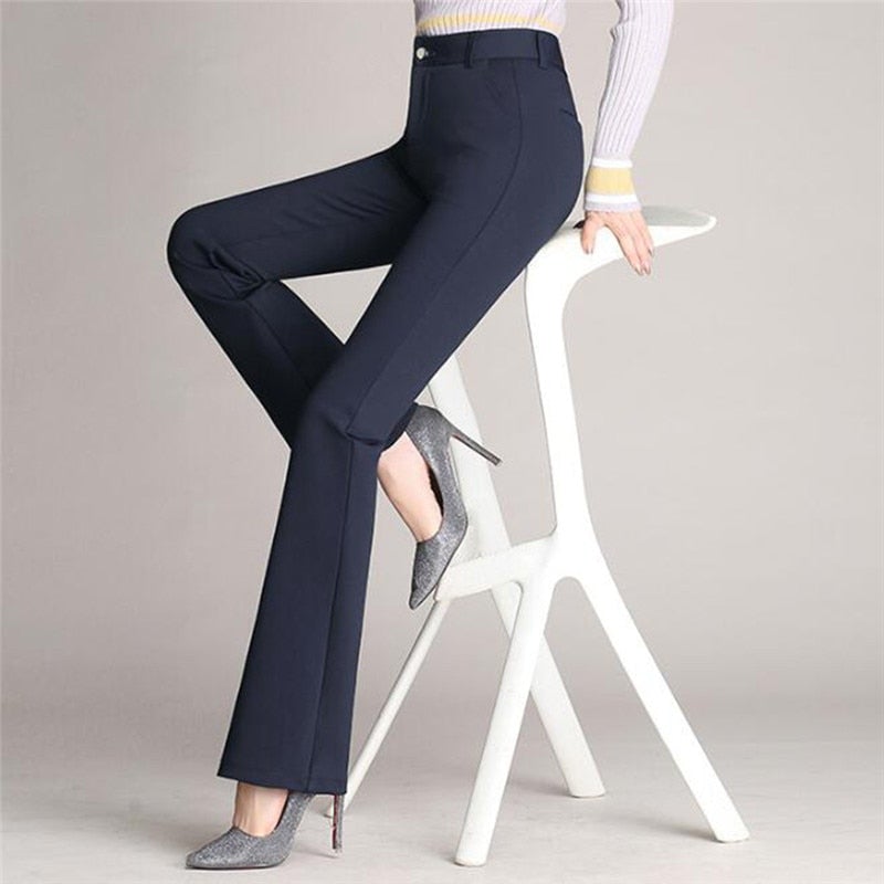 Flattering women's high-waist flared trousers, offering a sleek silhouette for professional office wear.