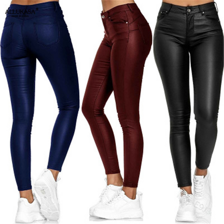 Women's high waist leather stretch pants for a sleek, elegant fit. Perfect for fall & winter fashion.