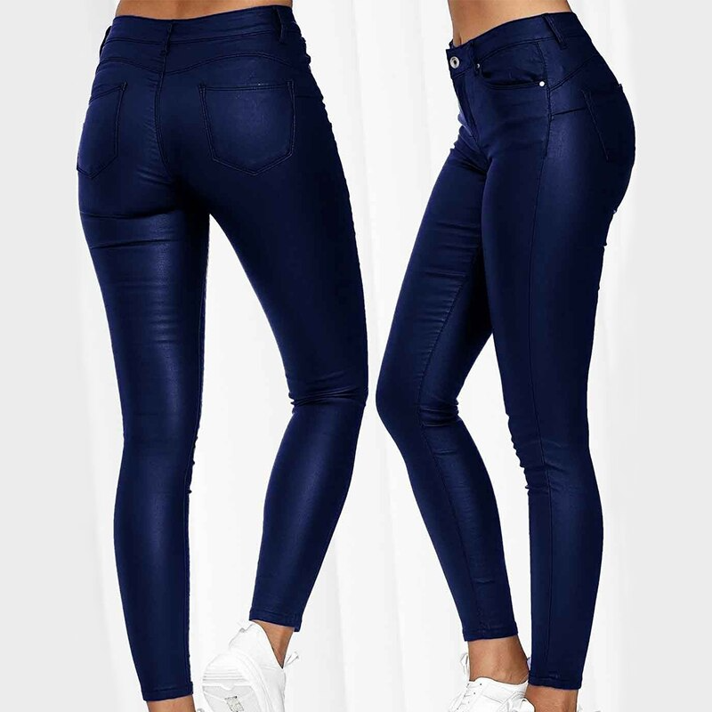 Women's sleek high waist stretch leather pants. Slim fit, comfortable for winter and fall apparel.
