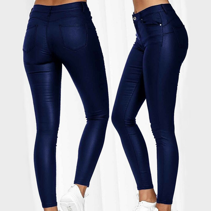 Women's sleek high waist stretch leather pants. Slim fit, comfortable for winter and fall apparel.